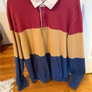 J. Crew Men's Striped Rugby Shirt in Red, Tan, and Blue